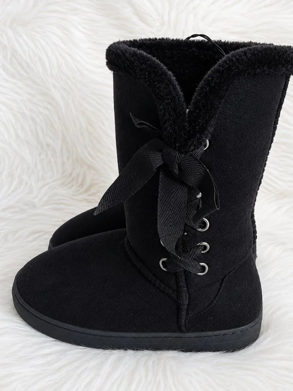 Chatties Chatz Black Mid-Calf Microsuede Faux Fur Trim Winter Boots SZ 5/6